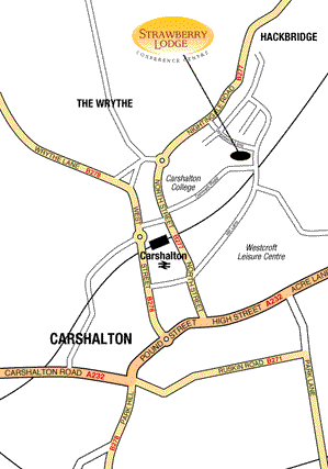 Map showing route from Carshalton station to Strawberry Lodge